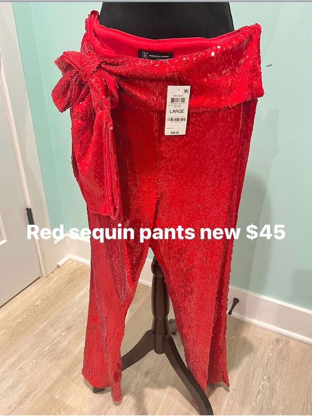 Red Sequin Tie-Waist Wide-Leg Pants